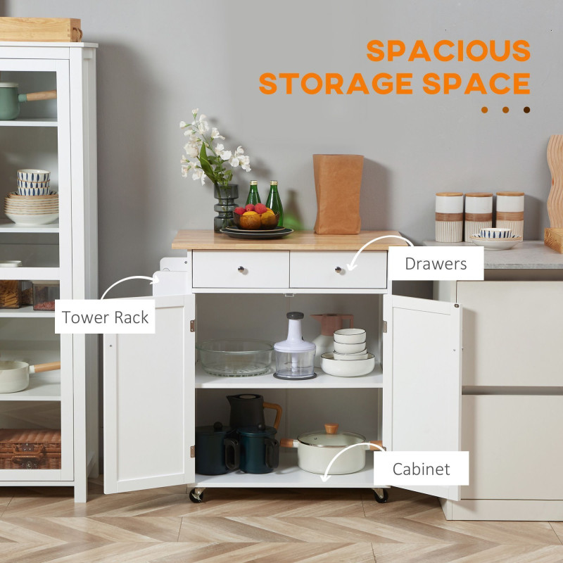 Rolling Kitchen Island with Storage, Kitchen Cart with Rubber Wood Top, Adjustable Shelf, Towel Rack, Hooks and Storage Drawers, White