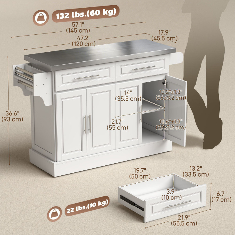 Rolling Kitchen Island with Storage and Stainless Steel Top, Kitchen Trolley with Drawers, Cabinets, Towel Rack
