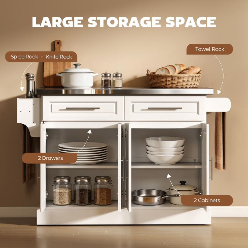 Rolling Kitchen Island with Storage and Stainless Steel Top, Kitchen Trolley with Drawers, Cabinets, Towel Rack