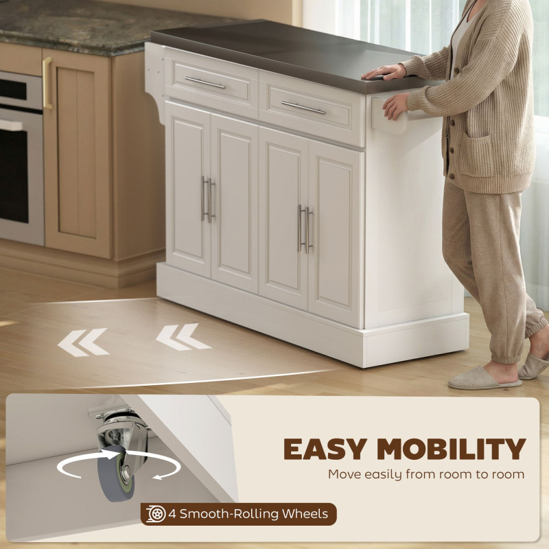 Rolling Kitchen Island with Storage and Stainless Steel Top, Kitchen Trolley with Drawers, Cabinets, Towel Rack