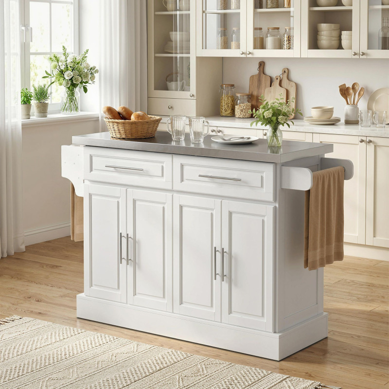 Rolling Kitchen Island with Storage and Stainless Steel Top, Kitchen Trolley with Drawers, Cabinets, Towel Rack