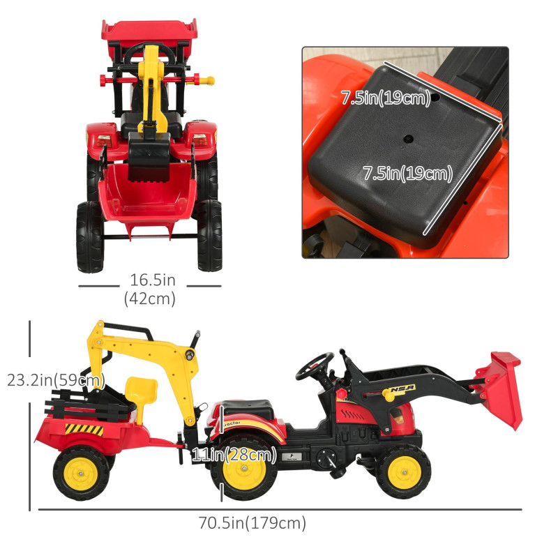 3-in-1 Kids Ride-On Excavator Toy with 6 Wheels, Bulldozer with Controllable Cargo Trailer & Easy Pedal Controls