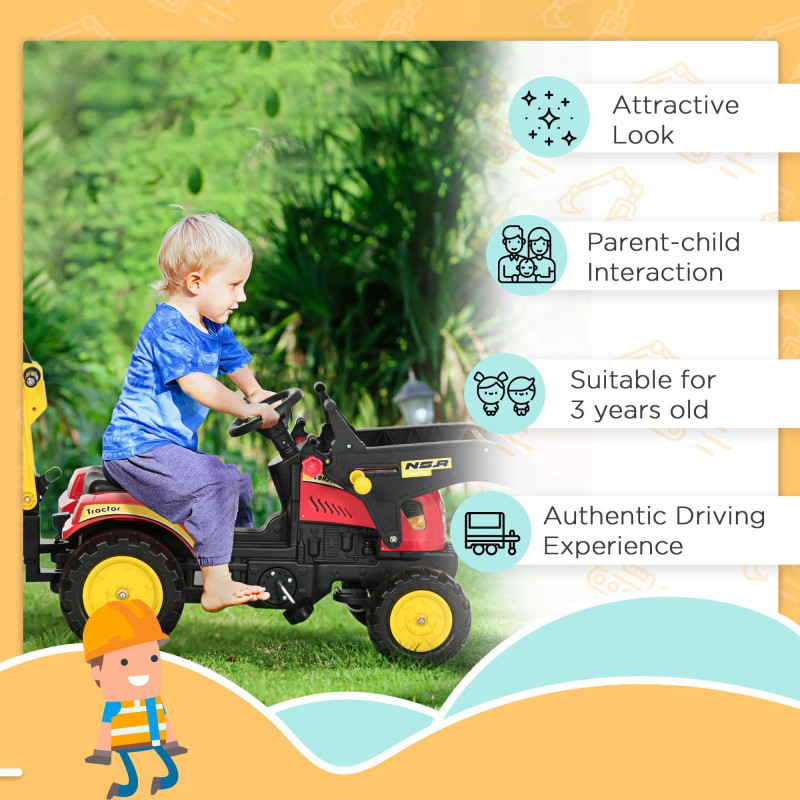 3-in-1 Kids Ride-On Excavator Toy with 6 Wheels, Bulldozer with Controllable Cargo Trailer & Easy Pedal Controls