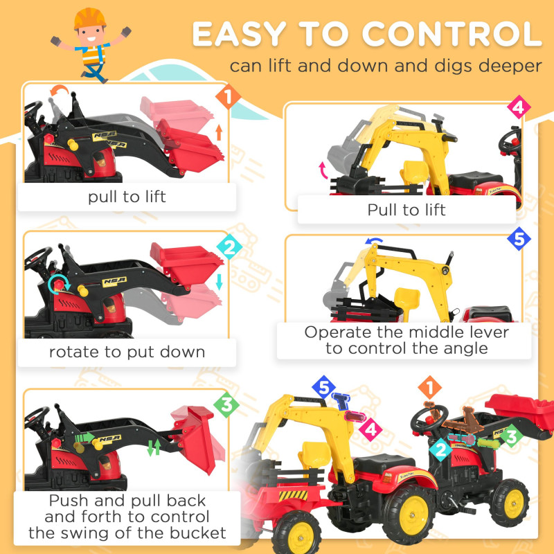 3-in-1 Kids Ride-On Excavator Toy with 6 Wheels, Bulldozer with Controllable Cargo Trailer & Easy Pedal Controls