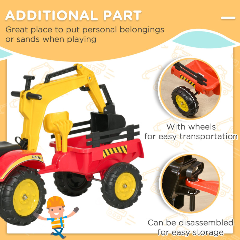 3-in-1 Kids Ride-On Excavator Toy with 6 Wheels, Bulldozer with Controllable Cargo Trailer & Easy Pedal Controls