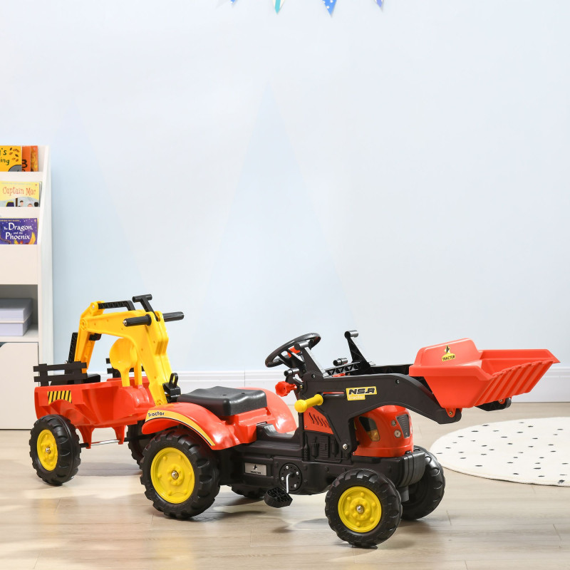 3-in-1 Kids Ride-On Excavator Toy with 6 Wheels, Bulldozer with Controllable Cargo Trailer & Easy Pedal Controls
