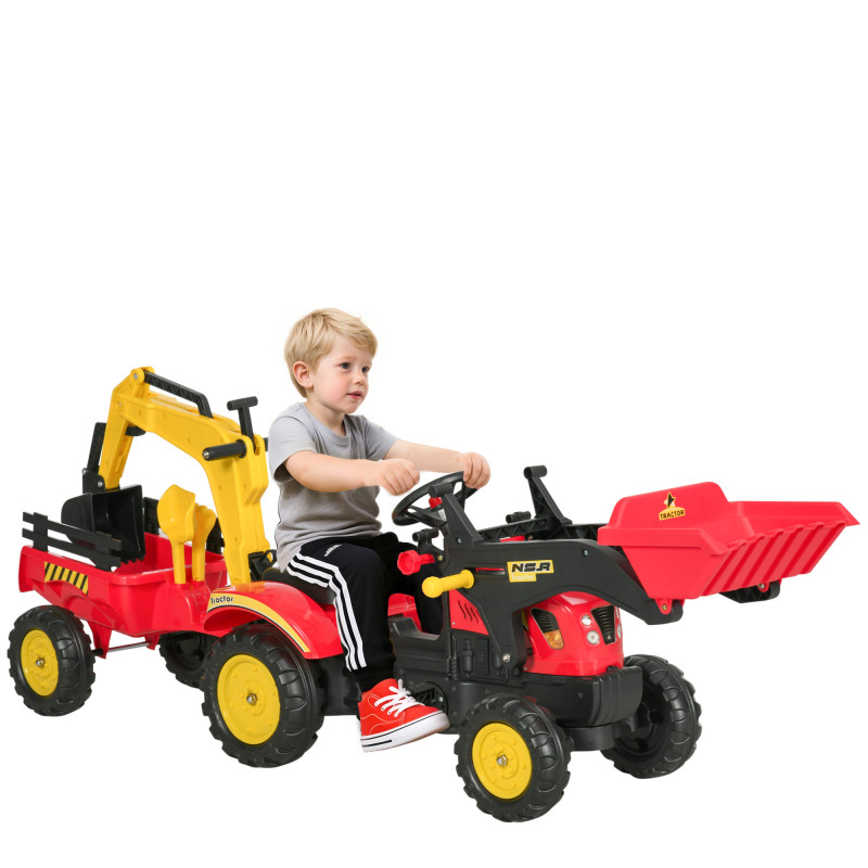 3-in-1 Kids Ride-On Excavator Toy with 6 Wheels, Bulldozer with Controllable Cargo Trailer & Easy Pedal Controls