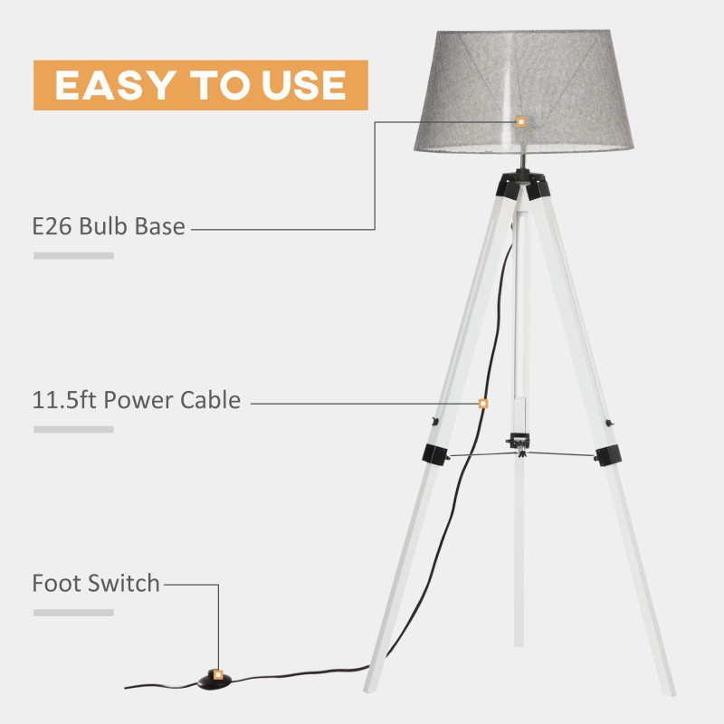 Tripod Floor Lamp, Adjustable Height Wooden Standing Lamp with E26 Lamp Base for Living Room, Bedroom, White and Grey