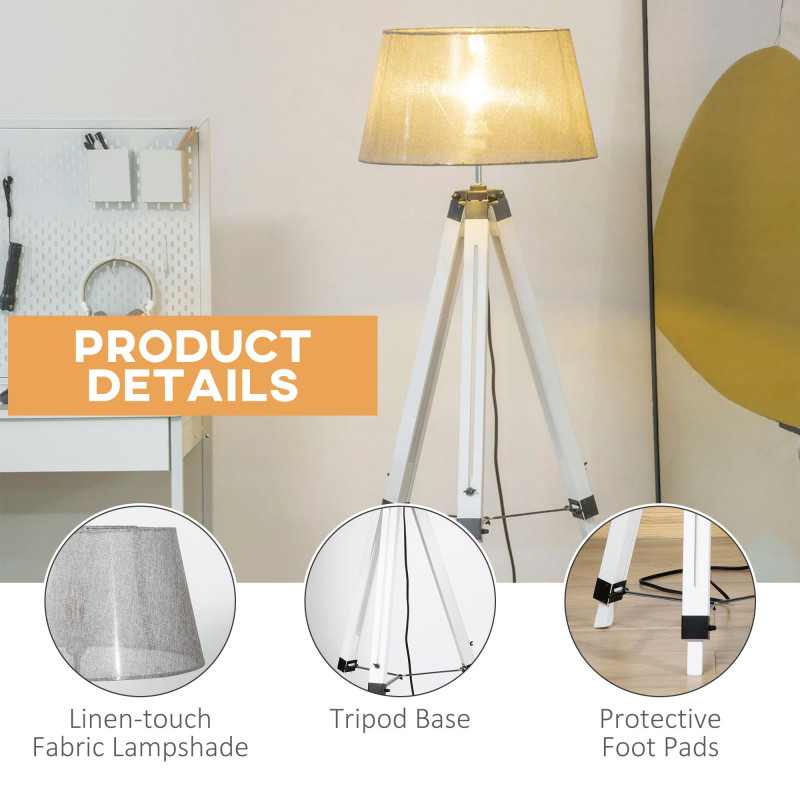Tripod Floor Lamp, Adjustable Height Wooden Standing Lamp with E26 Lamp Base for Living Room, Bedroom, White and Grey