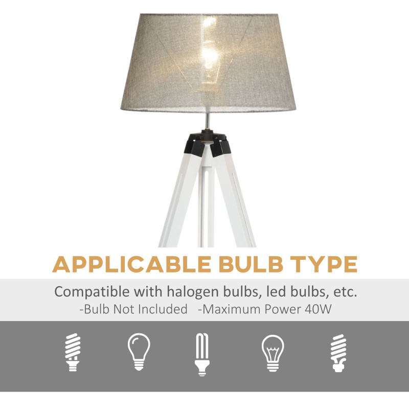 Tripod Floor Lamp, Adjustable Height Wooden Standing Lamp with E26 Lamp Base for Living Room, Bedroom, White and Grey