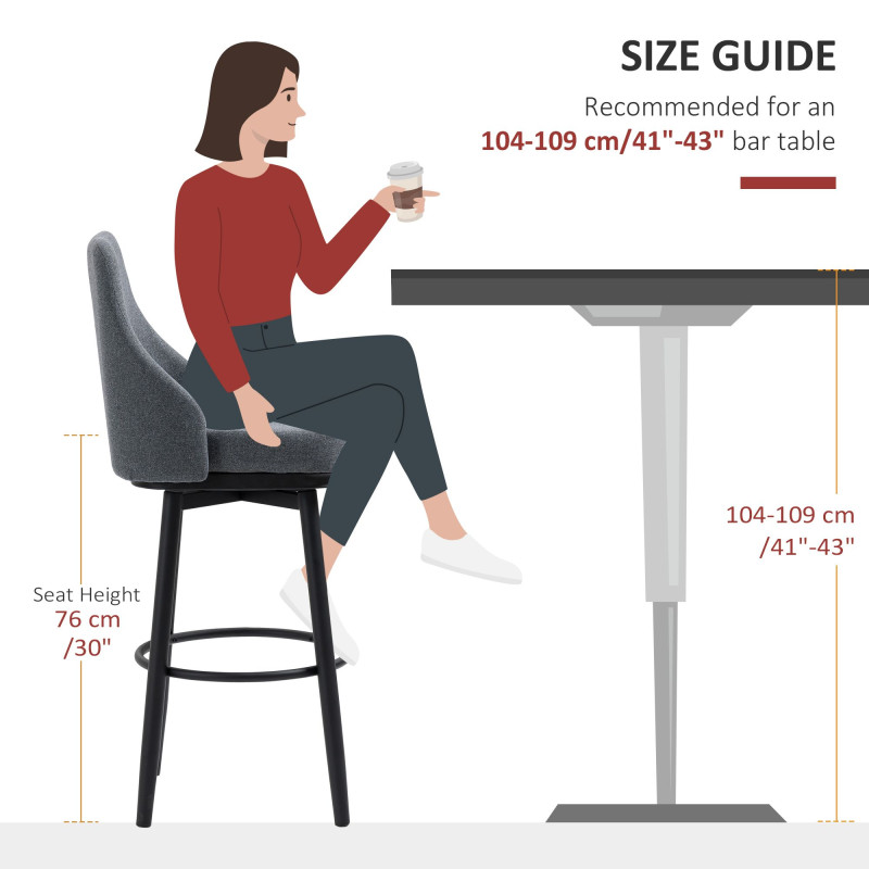 Extra Tall Bar Stools Set of 2, Modern 360° Swivel Barstools, Dining Room Chairs with Steel Legs Footrest, Charcoal Grey