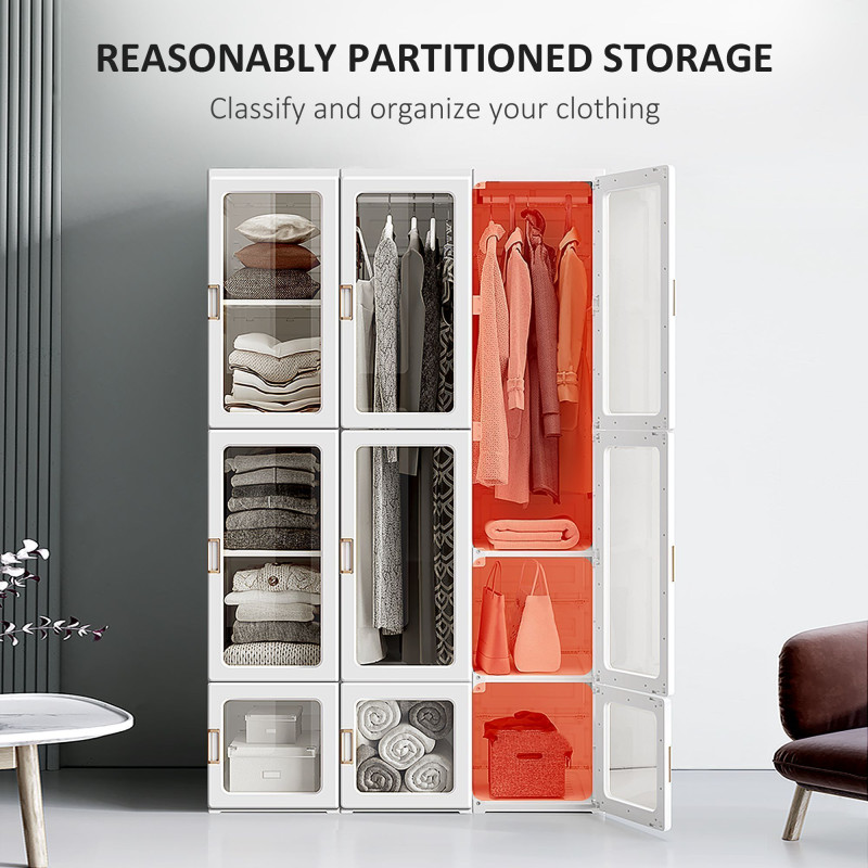 Small Apartment Bedroom Closet Foldable Portable Closet with Cube Storage Hanging Rods Magnet Doors, White