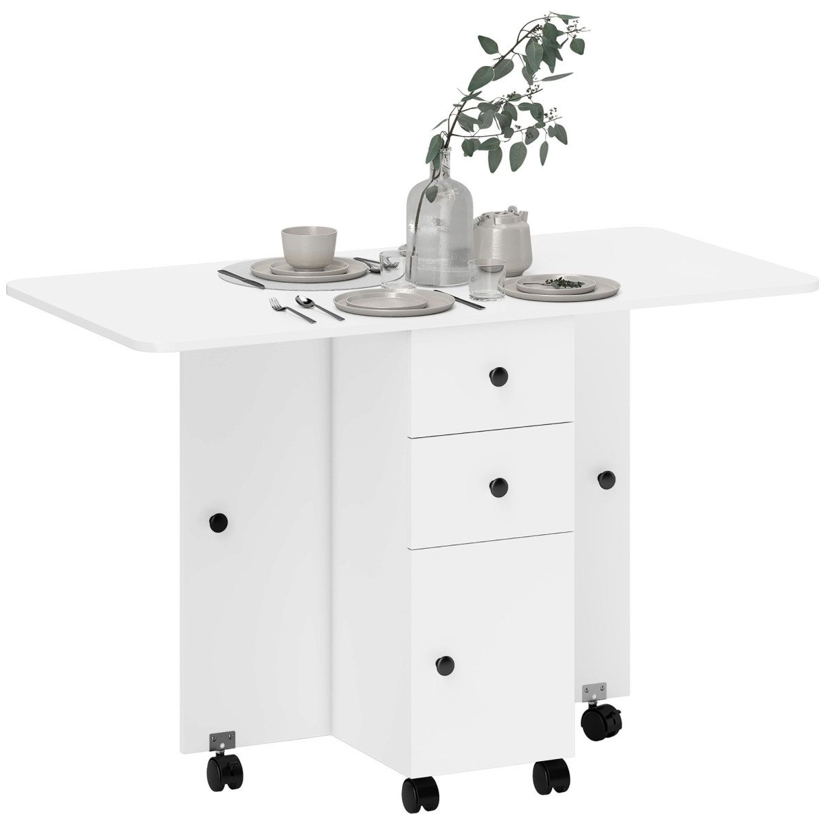 Foldable Dining Table, Rolling Kitchen Table with Storage Drawers and Cabinet, Drop Leaf Table on Wheels, White