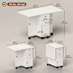 Foldable Dining Table, Rolling Kitchen Table with Storage Drawers and Cabinet, Drop Leaf Table on Wheels, White