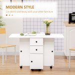 Foldable Dining Table, Rolling Kitchen Table with Storage Drawers and Cabinet, Drop Leaf Table on Wheels, White