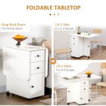 Foldable Dining Table, Rolling Kitchen Table with Storage Drawers and Cabinet, Drop Leaf Table on Wheels, White