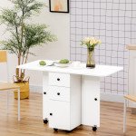 Foldable Dining Table, Rolling Kitchen Table with Storage Drawers and Cabinet, Drop Leaf Table on Wheels, White