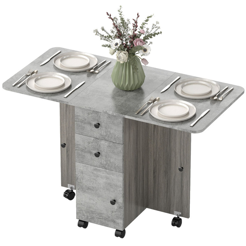 Drop Leaf Dining Table, Mobile Folding Table on Wheels with Drawers and Cabinet for Dining Room, Kitchen, Grey