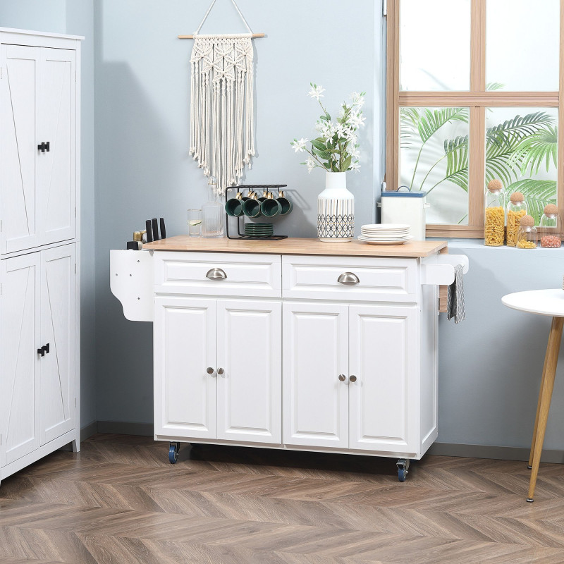 Kitchen Island with Storage, Rolling Kitchen Island with Drop Leaf, Rubber Wood Top and Adjustable Shelves, White