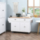 Kitchen Island with Storage, Rolling Kitchen Island with Drop Leaf, Rubber Wood Top and Adjustable Shelves, White