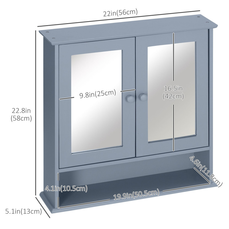 Medicine Cabinet, Wall-Mounted Bathroom Mirror Cabinet with Double Doors, Open Shelf, and Adjustable Shelf, Modern Bathroom Wall Cabinet, Grey