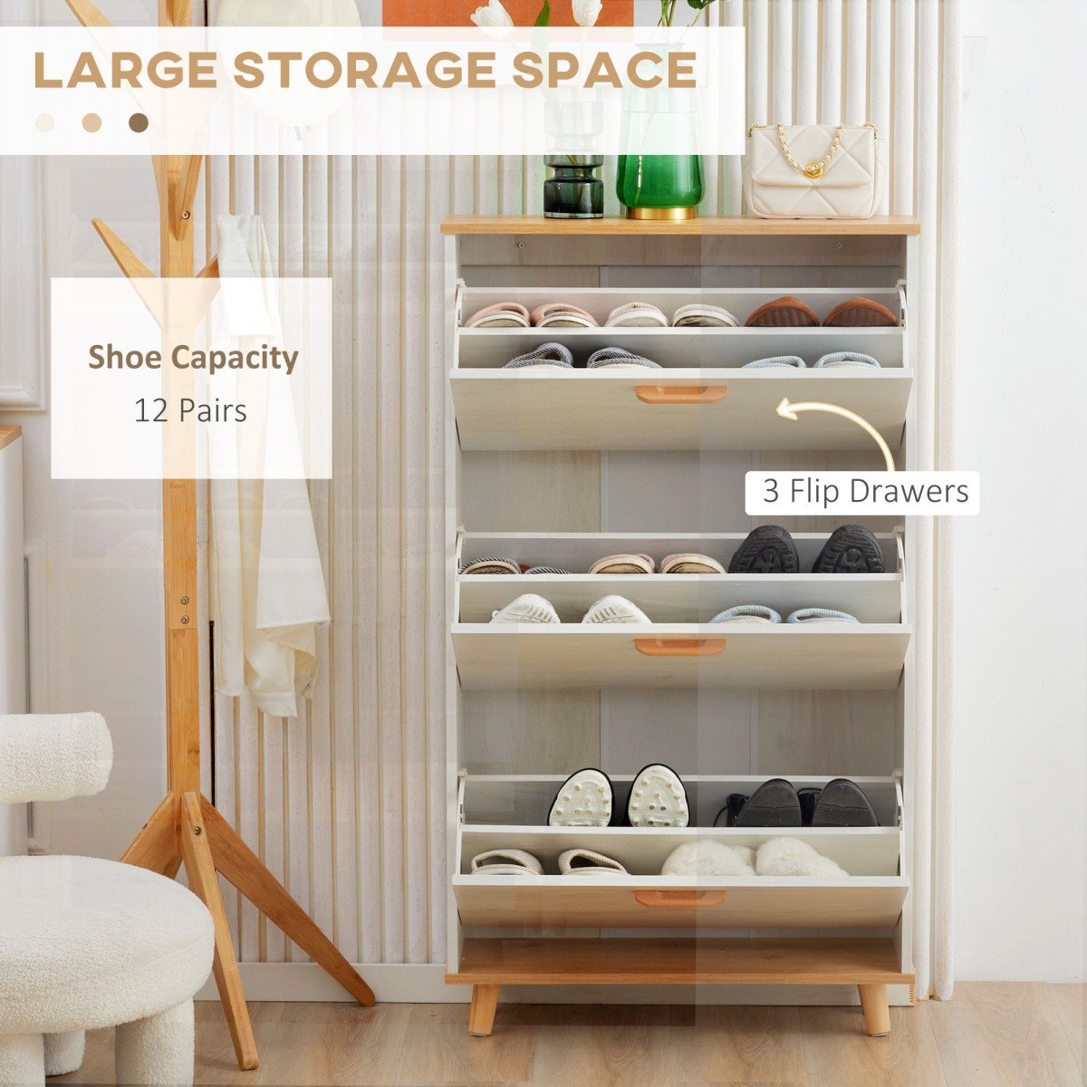 Modern Shoe Cabinet with 3 Flip Drawers and Adjustable Shelf, 12 Pair Shoe Storage Cabinet for Hallway, Entryway, White