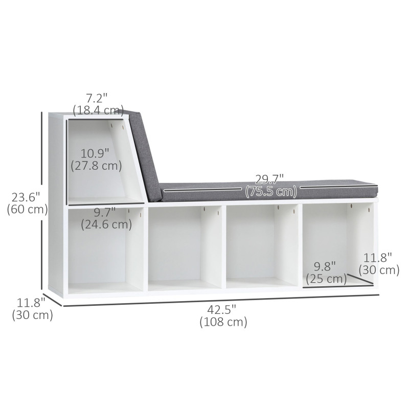 Multi-Purpose Bookshelf with 5 Cubes, 5-Cubby Bookcase with Cushioned Reading Nook and Storage Shelves, Grey