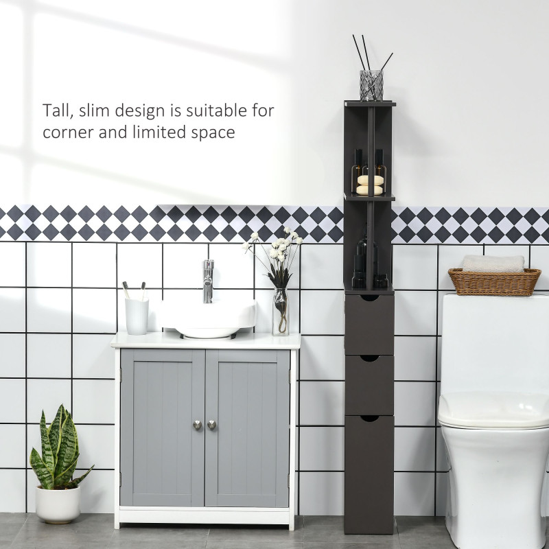 Tall Bathroom Storage Cabinet, Narrow Bathroom Cabinet with Drawers and Open Shelves for Small Spaces, Brown