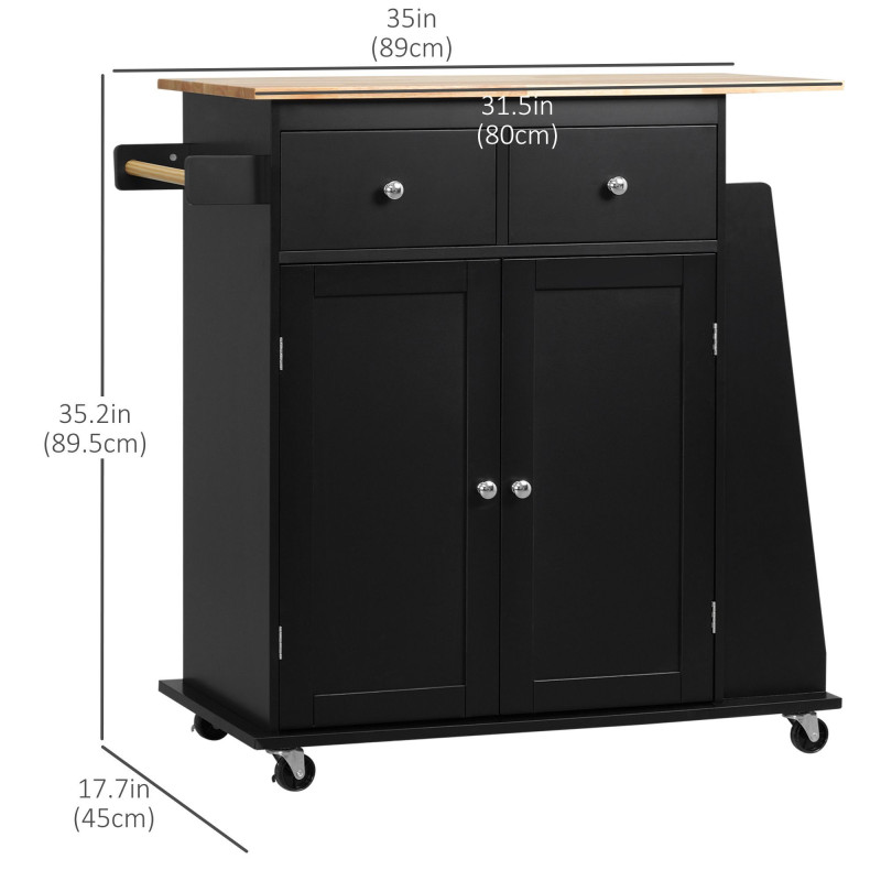 Rolling Kitchen Island Trolley Storage Cart with Rubber Wood Top, 3-Tier Spice Rack, Towel Rack Home Kitchen Carts, Black