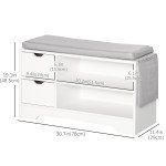 Upholstered Shoe Storage Bench w/ Seat, Entrance Bench w/ Drawer Open Shelves and Pocket for Hallway, White