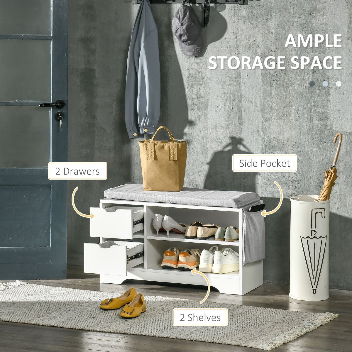 Upholstered Shoe Storage Bench w/ Seat, Entrance Bench w/ Drawer Open Shelves and Pocket for Hallway, White