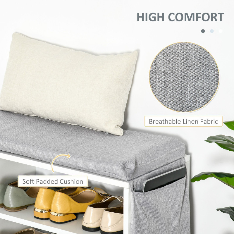 Upholstered Shoe Storage Bench w/ Seat, Entrance Bench w/ Drawer Open Shelves and Pocket for Hallway, White