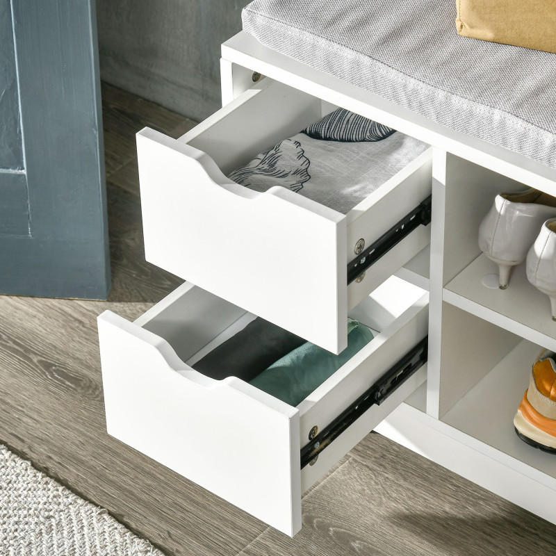 Upholstered Shoe Storage Bench w/ Seat, Entrance Bench w/ Drawer Open Shelves and Pocket for Hallway, White