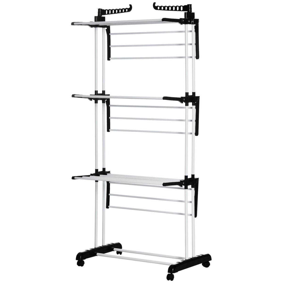 Foldable Clothes Drying Rack, 4-Tier Steel Laundry Rack for Drying Clothes with 2 Side Wings and 4 Castors, Indoor and Outdoor Use, Black