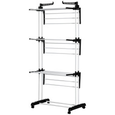 Foldable Clothes Drying Rack, 4-Tier Steel Laundry Rack for Drying Clothes with 2 Side Wings and 4 Castors, Indoor and Outdoor Use, Black