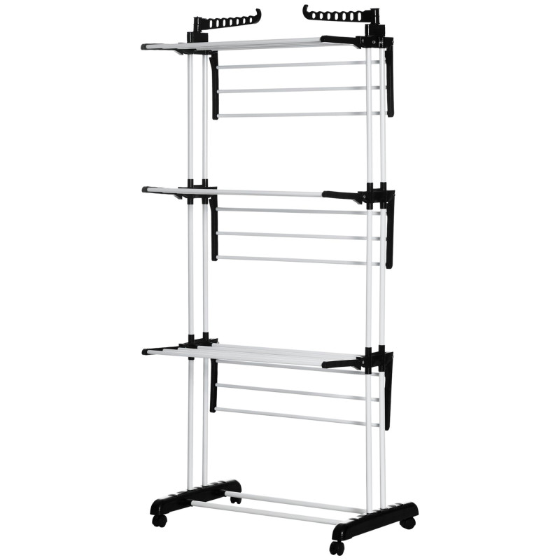 Foldable Clothes Drying Rack, 4-Tier Steel Laundry Rack for Drying Clothes with 2 Side Wings and 4 Castors, Indoor and Outdoor Use, Black