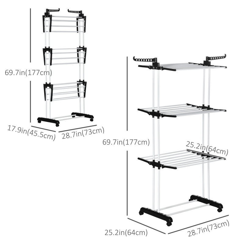 Foldable Clothes Drying Rack, 4-Tier Steel Laundry Rack for Drying Clothes with 2 Side Wings and 4 Castors, Indoor and Outdoor Use, Black