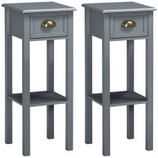Bedside Table Set of 2, Narrow Side Table with Drawer and Shelf, 2 Tier Tall Nightstand for Bedroom, Grey