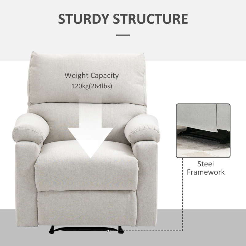 Recliner Chair, Manual Reclining Chair with Footrest, Padded Seat for Living Room, Bedroom, Study, Cream White
