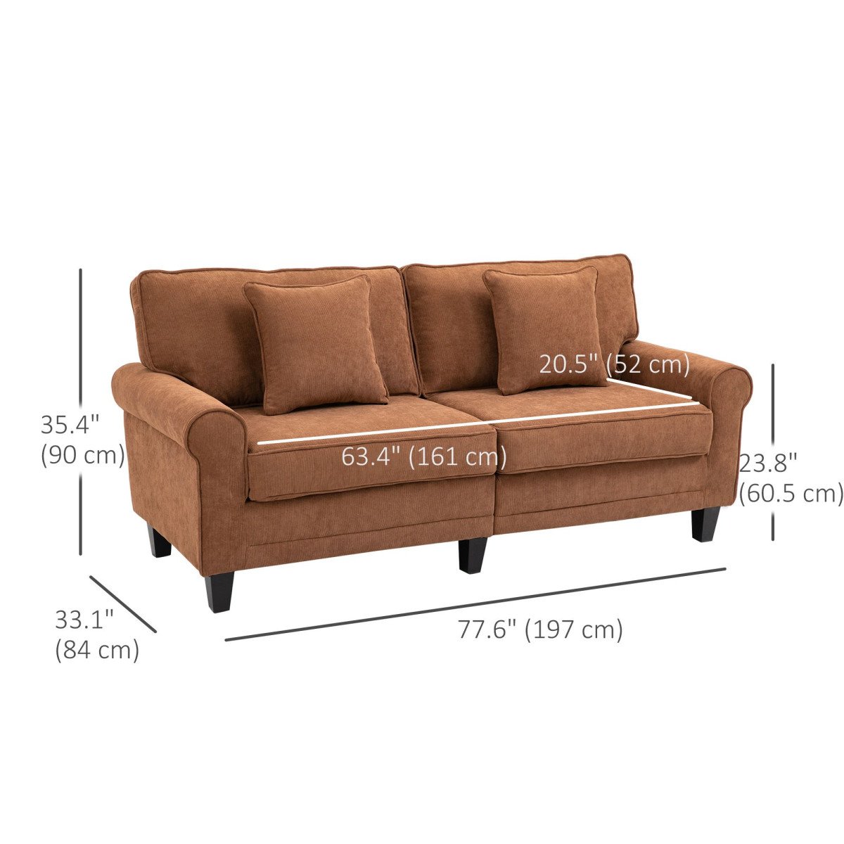 Modern 3 Seater Sofa, Corduroy Fabric 3 Seater Couch with Pine Wood Legs and Rolled Armrests for Living Room, Brown