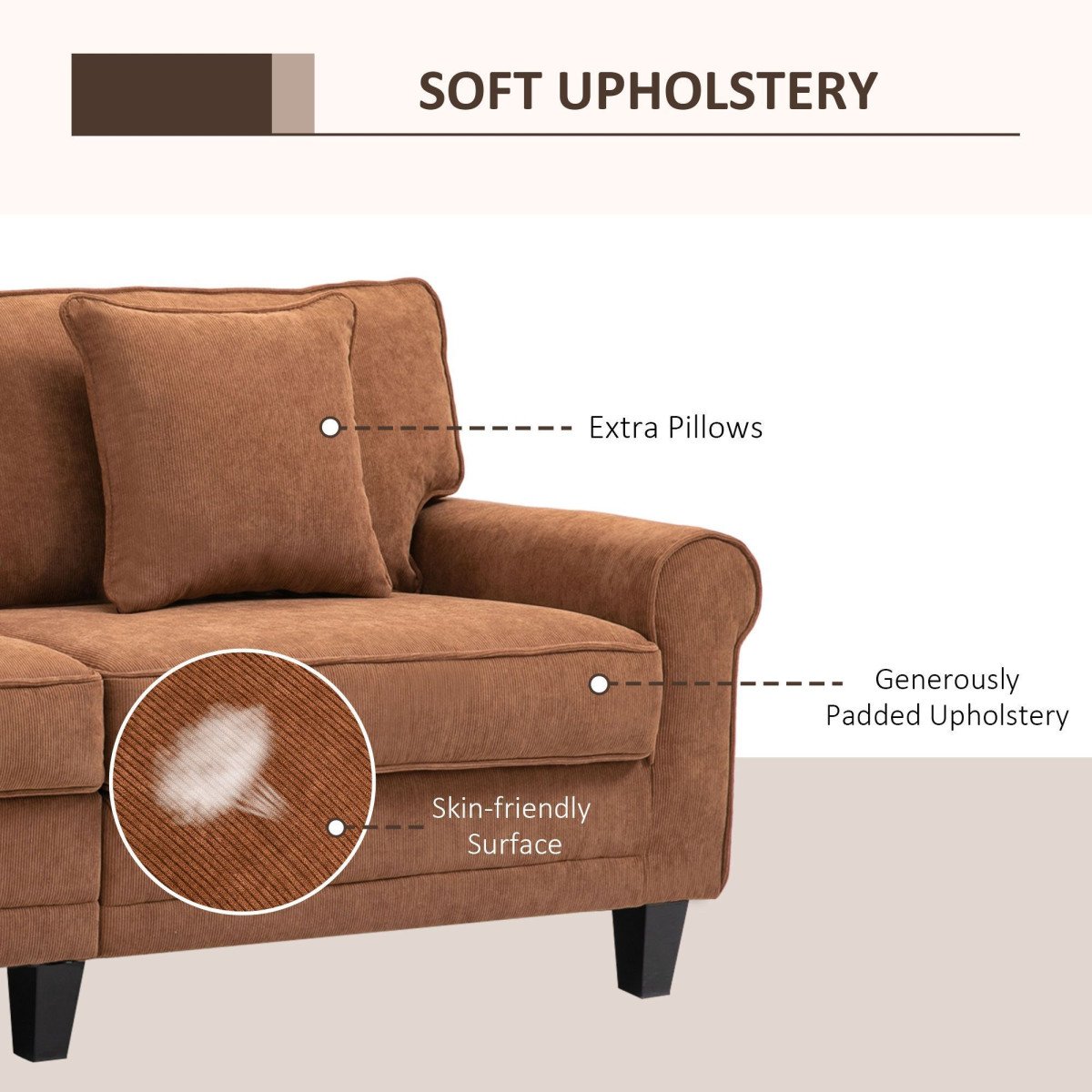 Modern 3 Seater Sofa, Corduroy Fabric 3 Seater Couch with Pine Wood Legs and Rolled Armrests for Living Room, Brown