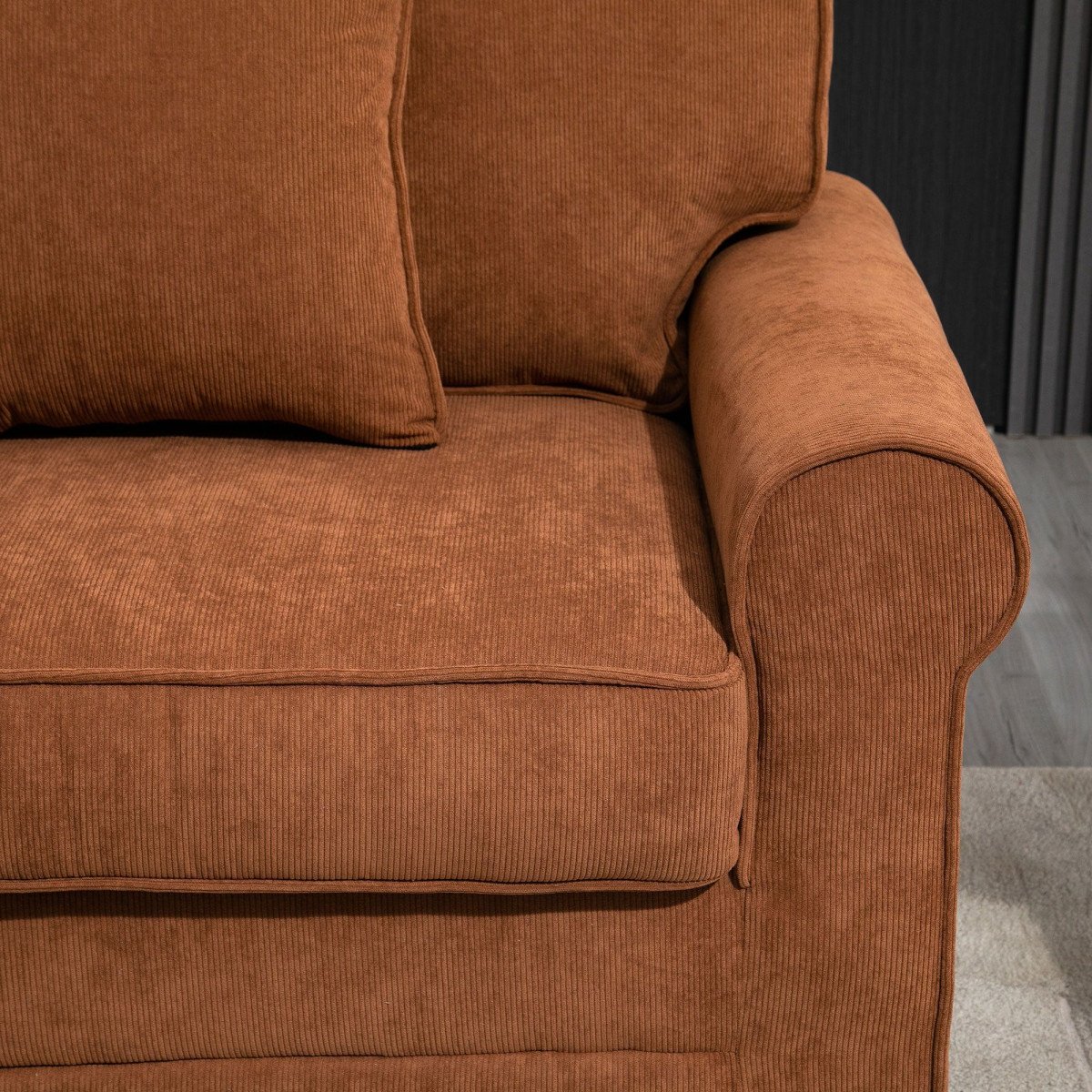 Modern 3 Seater Sofa, Corduroy Fabric 3 Seater Couch with Pine Wood Legs and Rolled Armrests for Living Room, Brown