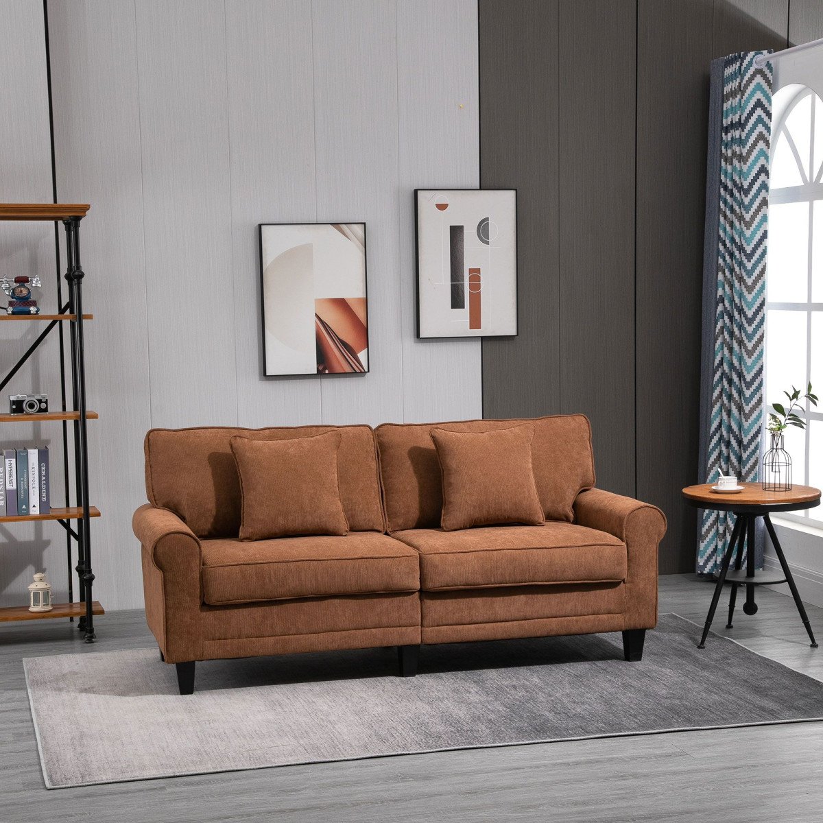 Modern 3 Seater Sofa, Corduroy Fabric 3 Seater Couch with Pine Wood Legs and Rolled Armrests for Living Room, Brown