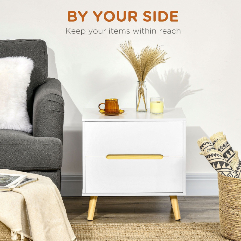 Bedside Table, Nightstand with 2 Drawers, Side Table with Pine Wood Legs for Bedroom, White