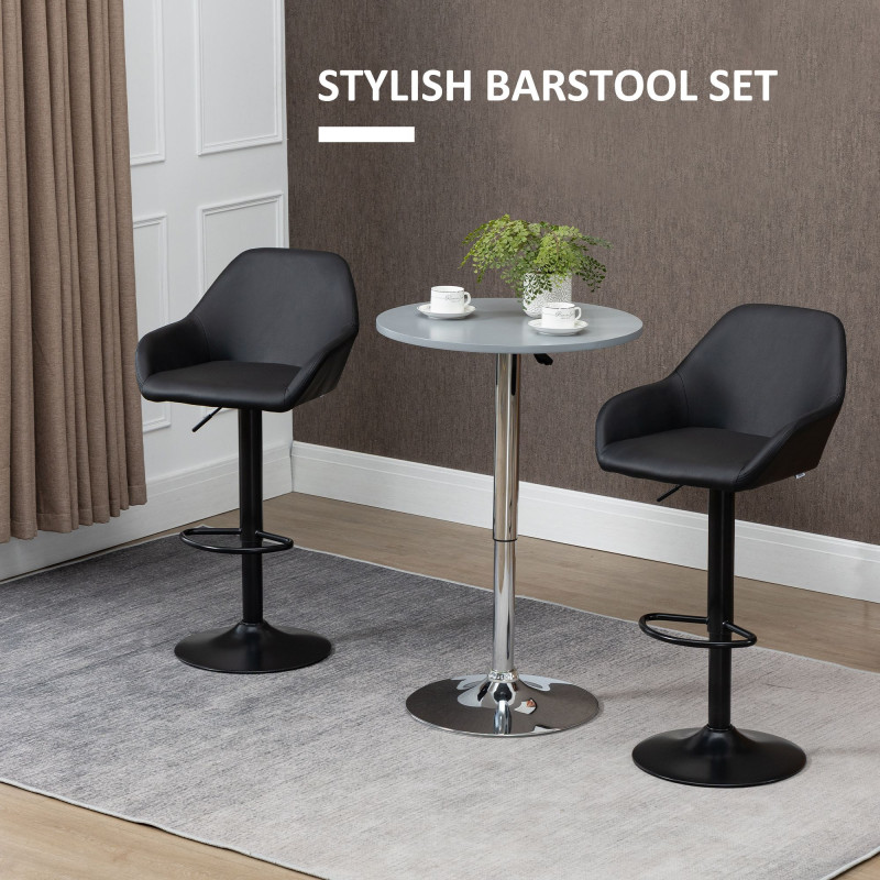 Adjustable Bar Stools Set of 2, Swivel Barstools with Footrest and Back, PU Leather and Steel Round Base, for Kitchen Counter and Dining Room, Black