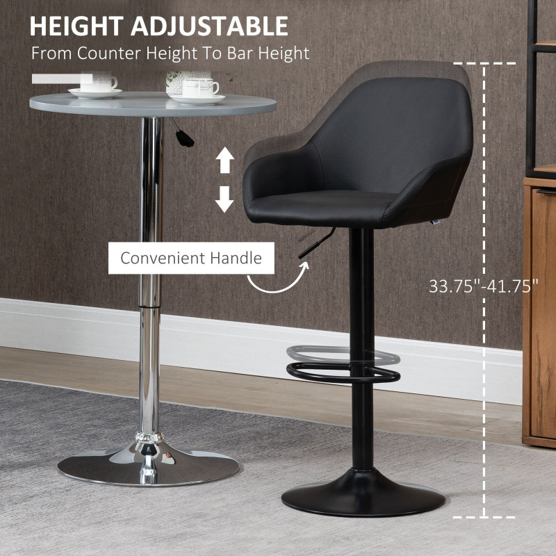 Adjustable Bar Stools Set of 2, Swivel Barstools with Footrest and Back, PU Leather and Steel Round Base, for Kitchen Counter and Dining Room, Black
