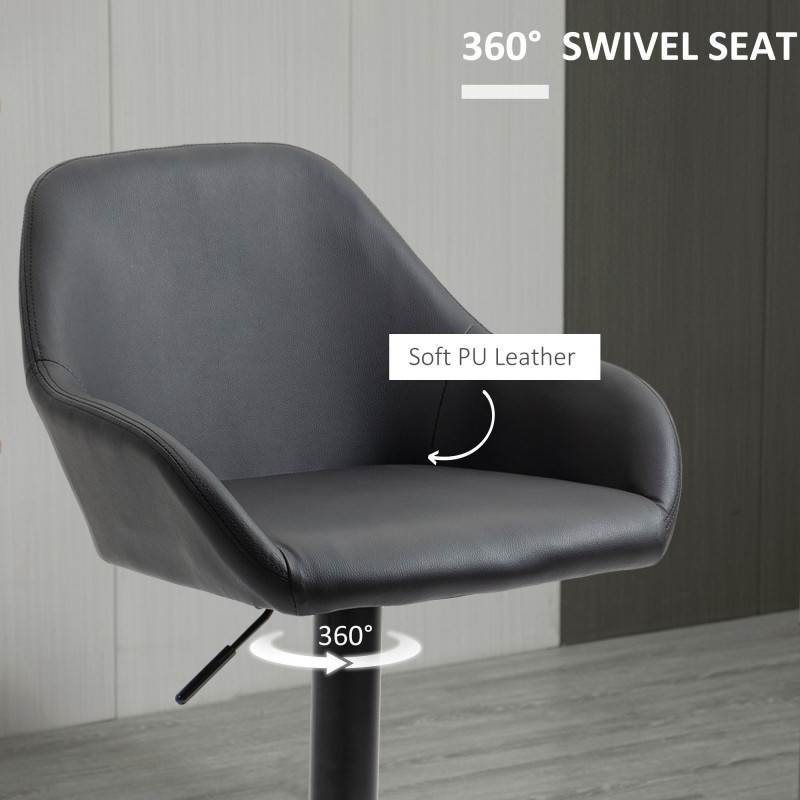 Adjustable Bar Stools Set of 2, Swivel Barstools with Footrest and Back, PU Leather and Steel Round Base, for Kitchen Counter and Dining Room, Black