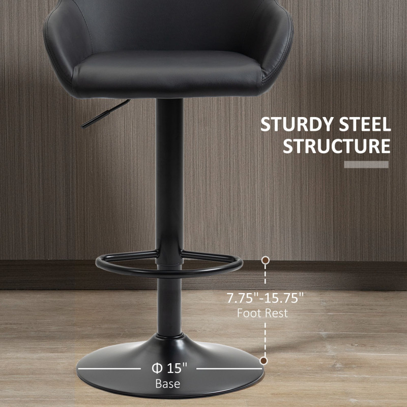 Adjustable Bar Stools Set of 2, Swivel Barstools with Footrest and Back, PU Leather and Steel Round Base, for Kitchen Counter and Dining Room, Black