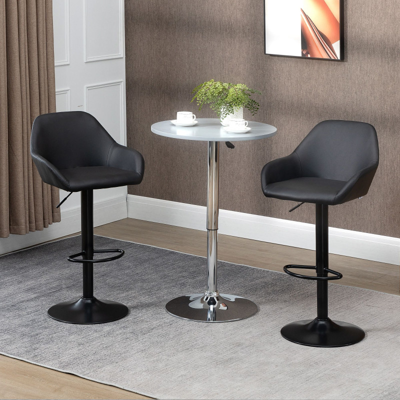 Adjustable Bar Stools Set of 2, Swivel Barstools with Footrest and Back, PU Leather and Steel Round Base, for Kitchen Counter and Dining Room, Black