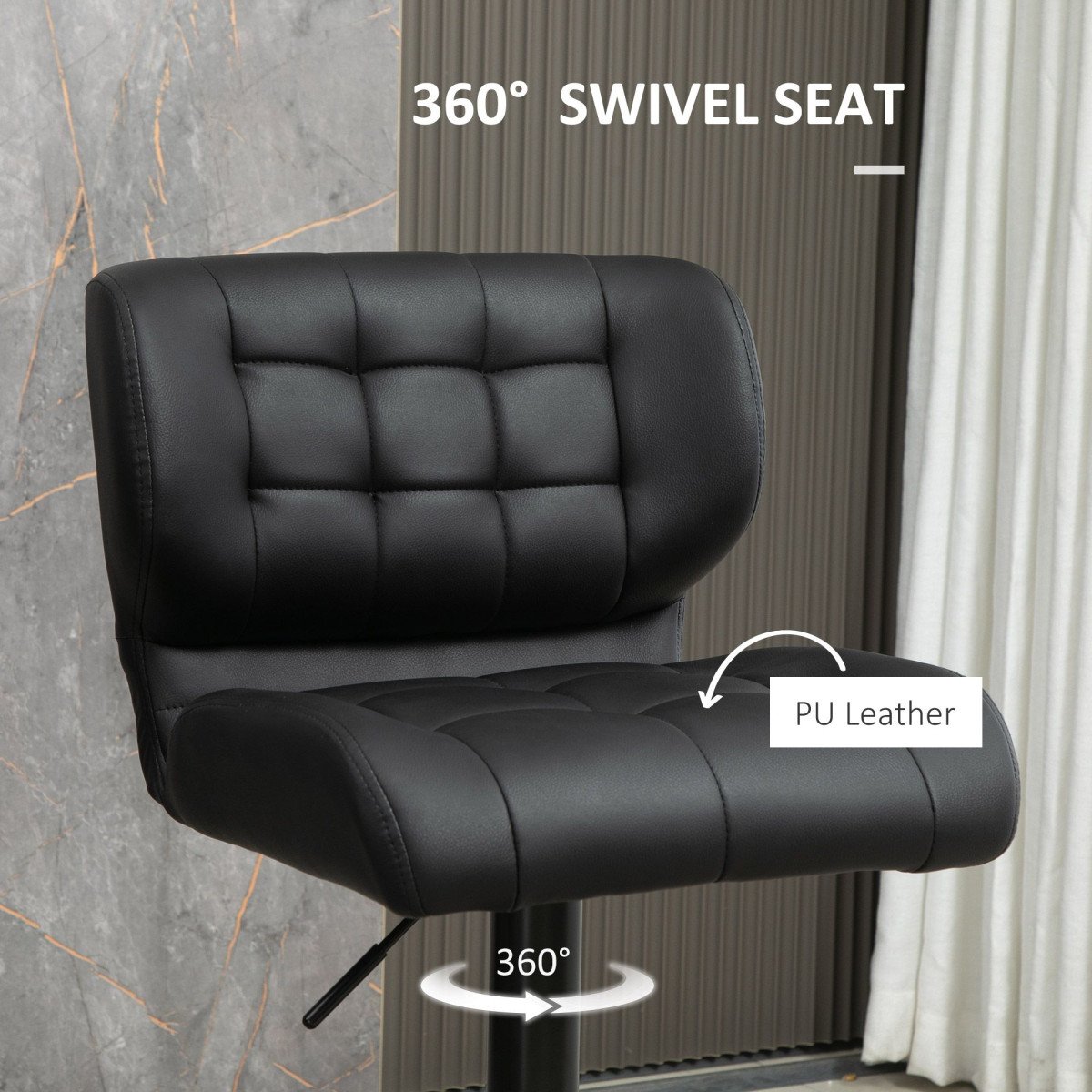 Swivel PU Leather Barstools Set of 2 Adjustable Bar Stools with Footrest Back for Kitchen Counter Dining Room Black